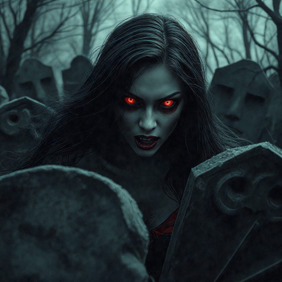 The primary subject of the image is a woman with red eyes, standing in front of a cemetery. She appears to be a demon or a character from a horror story. The setting is a cemetery with numerous headstones and a tree in the background. The visual style is a digital art or illustration, creating a dark and eerie atmosphere. The colors are predominantly dark, with the red eyes of the woman being the most noticeable feature.